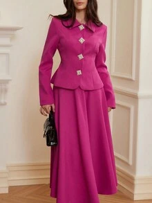 Chiquease 法式优雅淑女风格修身领长袖上衣和高腰喇叭裙，时尚百搭亚麻女士套装 - 玫紅色 - 查看 2