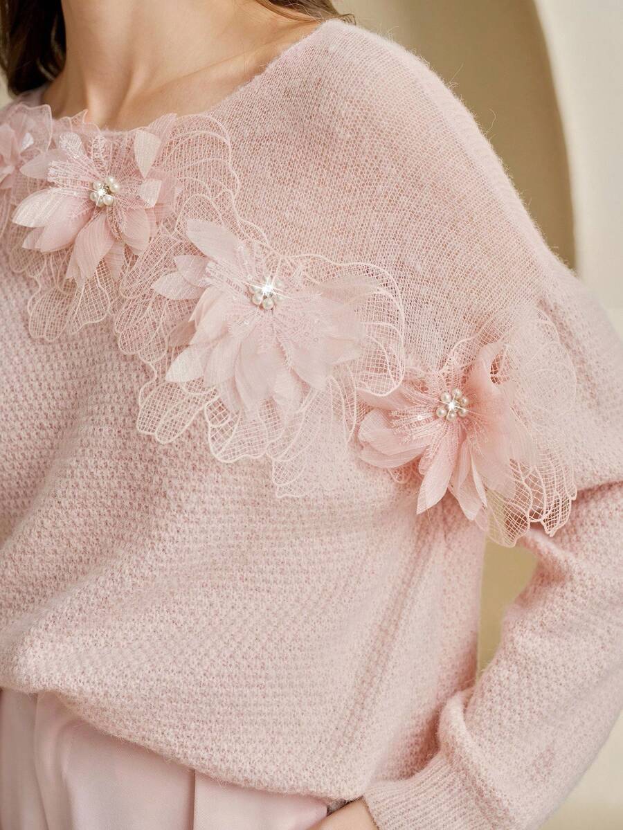 Anewsta Suéter elegante y de alta gama para mujer con manga larga, diseño de flores 3D huecas hecho a mano, suave y juvenil, para otoño/invierno