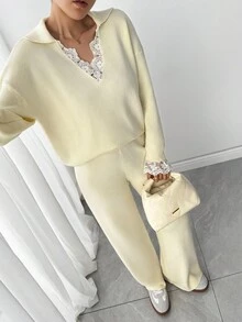 Modelyn 女士休闲撞色蕾丝长袖毛衣和裤子套装，秋冬 - 杏色 - 查看 8