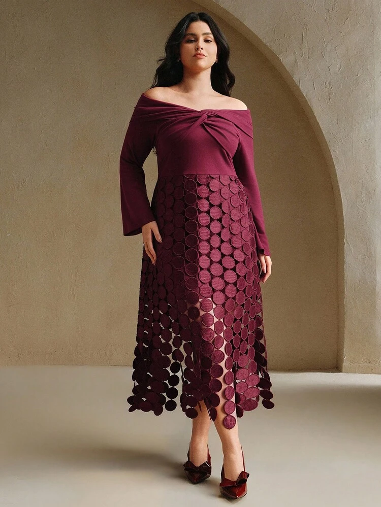 Plus Size Off-Shoulder Twist Knot Long Sleeve Tassel Dress, Vacation, Valentine's Day, Elegant, Chic, Party, Christmas, New Year, Burgundy