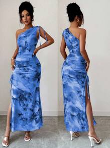 Rafferiza 女式优雅无袖花卉印花网眼高开衩连衣裙 - 霧霾藍 - 查看 1