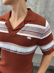 SWAVVY 男士休闲撞色条纹短袖针织上衣 - 紅色 - 查看 4