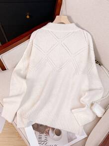 Franclia Women's Autumn Dropped Shoulder Long Sleeve Crochet Hollow Out Stand Collar Sweater - White - View 4