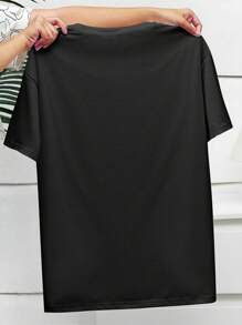 SHEIN LUNE Plus Size Women's Casual Loose New York Letter Print Short/Long Sleeve Round Neck T-Shirt - Black - View 2