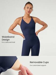 GLOWMODE 26" FeatherFit™ V-Neck Strappy Back Powerhold Back Bodysuit Jumpsuit Low Impact Yoga Daily - Dark Blue - View 4