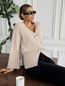 Serisse Cardigan femme à boutons de couleur unie - Nude - Voir 7