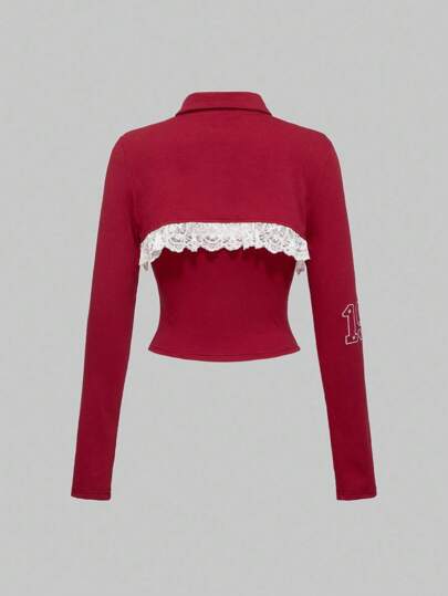 ROMWE Avant 2 pièces Ensemble de femme avec débardeur style vintage sport et top à manches longues avec patchwork en dentelle et broderie numérique