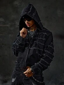 ROMWE MEN Street Life Men's KPOP Frayed Hooded Zip-Up Denim Jacket - Black - View 8