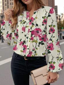 Shutterstock Glamance Women's Casual Floral Print V-Neck Lantern Sleeve Blouse, Suitable For Spring And Autumn Women Floral Blouse Women Flower Shirt - Multicolor - View 1