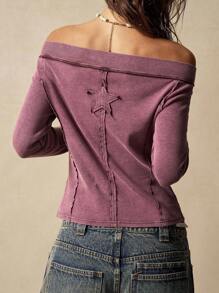 Bohemela Áo thun tay dài dệt kim màu trơn đơn giản dành cho nữ - Màu đỏ tím - Xem 6