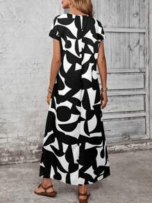 EMERY ROSE 优雅黑白不对称几何印花大码连衣裙 - 彩色 - 查看 2