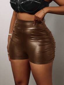 Slaydiva Elegant Party Slim-Fit High-Waisted Side Pleated Faux Leather Shorts For Women - Mocha Brown - View 4