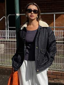 DAZY Women's Patchwork Denim Collar Padded Coat Jacket - Blue - View 4