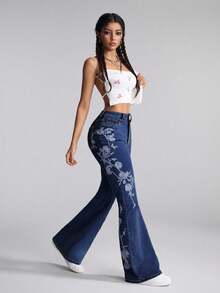 Slaydiva Quần jeans ống loe thêu cạp cao thường ngày cho nữ cỡ lớn - Màu xanh lam - Xem 4
