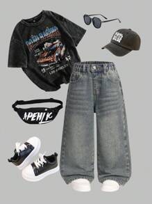 Young Boy Retro Washed Loose Straight Leg Jeans, Fashionable Streetwear, Versatile For Outdoor, Indoor Casual Wear Chic Outfits For Autumn/Winter