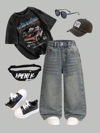 Young Boy 复古水洗宽松直筒牛仔裤，时尚街头服饰，适合户外、室内休闲穿着