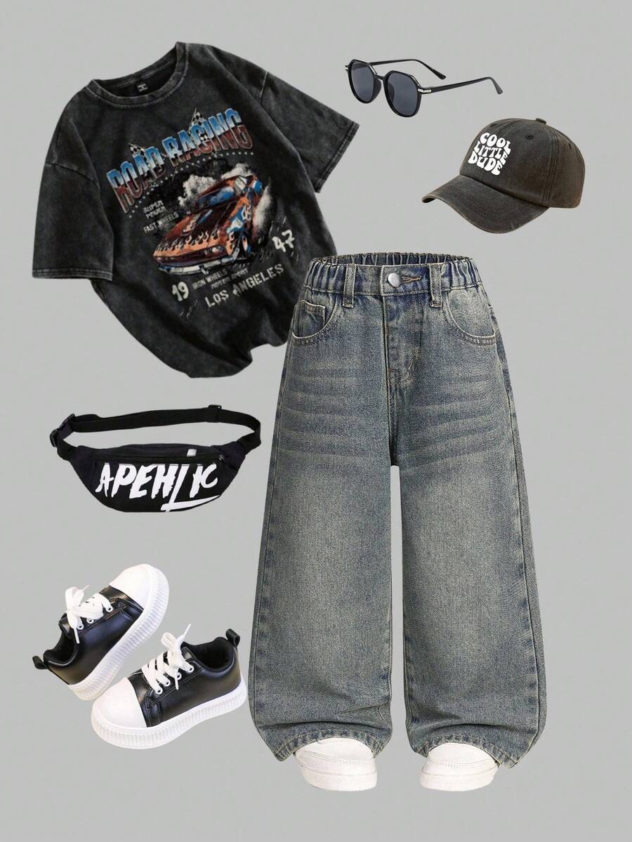 Young Boy Retro Washed Loose Straight Leg Jeans, Fashionable Streetwear, Versatile For Outdoor, Indoor Casual Wear Chic Outfits For Autumn/Winter