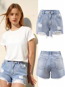 Pantaloncini di jeans casual e comodi da donna, in stile preppy e all'aperto, con vita elastica, chiusura con chiusura lampo e design vissuto - Blu lavato medio - Visualizzare 3