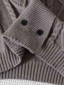 SHEIN 1 件男童复古风格开衫，复古粗针织，双排扣，经典条纹 V 领，常规袖，整齐下摆，浅灰色经典针织毛衣，百搭休闲夹克，做工精良，适合春秋季 - 灰色 - 查看 4