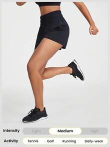 GLOWMODE 3" VitalSwift Ultra-Light Smocked High-Waist Loose Shorts With Side Pockets Low Impact Daily Casual Quick Dry Moisture Wicking - Black - View 5