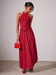 COSMINA 女士优雅撞色蕾丝露背吊带连衣裙，夏季 - 紅色 - 查看 1