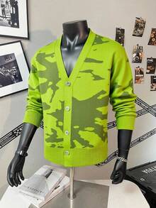 Manfinity Roghcode Men's Casual Contrast Color Button Front Cardigan, Autumn/Winter Green Cardigan Camo Cardigan Camouflage Sweater Green Camo Sweater Camo Zip Up Sweater Camouflage Cardigan Green Sweater Back To School Y2K Thick Graphic Gray-Green OVERSIZE Street - Multicolor - View 1