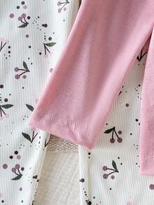 Genkimix Kids 2pcs/Set Toddler Girls' Cute Floral Print Long Sleeve Top And Pants Casual Elegant Pajamas Girl Pajama Set Girls Pajama Set Kids Pj Set Girl Girls Lounge Set Bunny Pajama Set Christmas Fall Winter