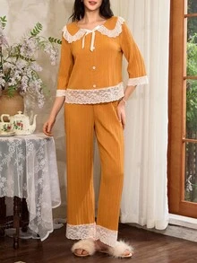 Côtesoire 法国南部优雅长袖和裤子女士睡衣套装，秋冬，秋季服装 - 黃色 - 查看 3