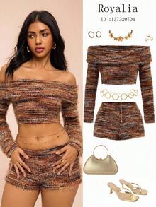Roylia 2pcs Women Knitted Long Sleeve Cropped Fuzzy Off Shoulder Top And Shorts Set,All Shades Of Brown,Autumn,Seksi Chic,Night Out Club Knit Two Piece Set - Multicolor - View 1
