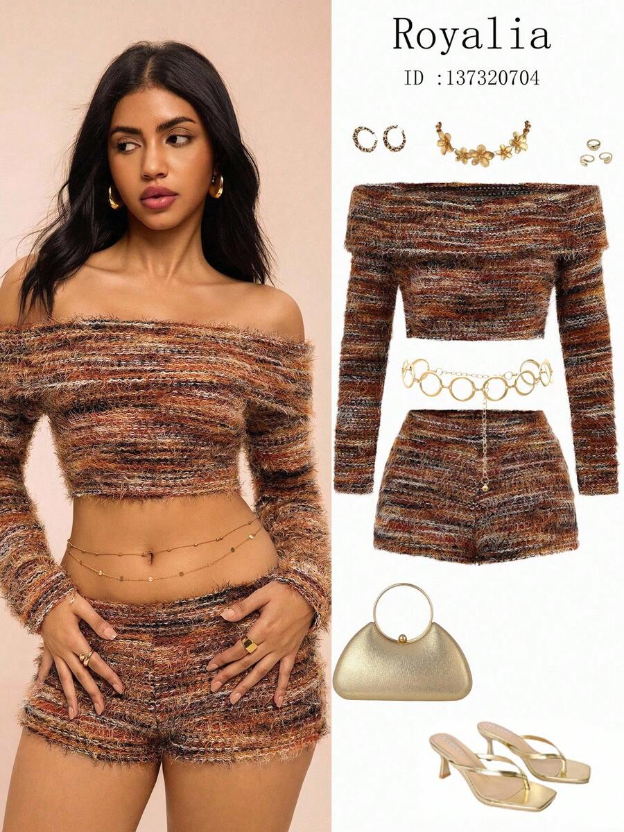 Roylia 2pcs Women Knitted Long Sleeve Cropped Fuzzy Off Shoulder Top And Shorts Set,All Shades Of Brown,Autumn,Seksi Chic,Night Out Club Knit Two Piece Set - Multicolor - View 1