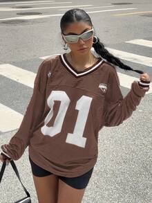 Muchica Áo thun in chữ và số mới dành cho nữ, trở lại trường, phù hợp mặc hàng ngày - Cà phê nâu - Xem 4