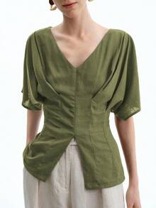 Aalyst 女士法式优雅奢华简约高端休闲度假通勤舒适宽松纯色亚麻V领收肩袖前中开衩衬衫，春夏秋 - 軍綠色 - 查看 1