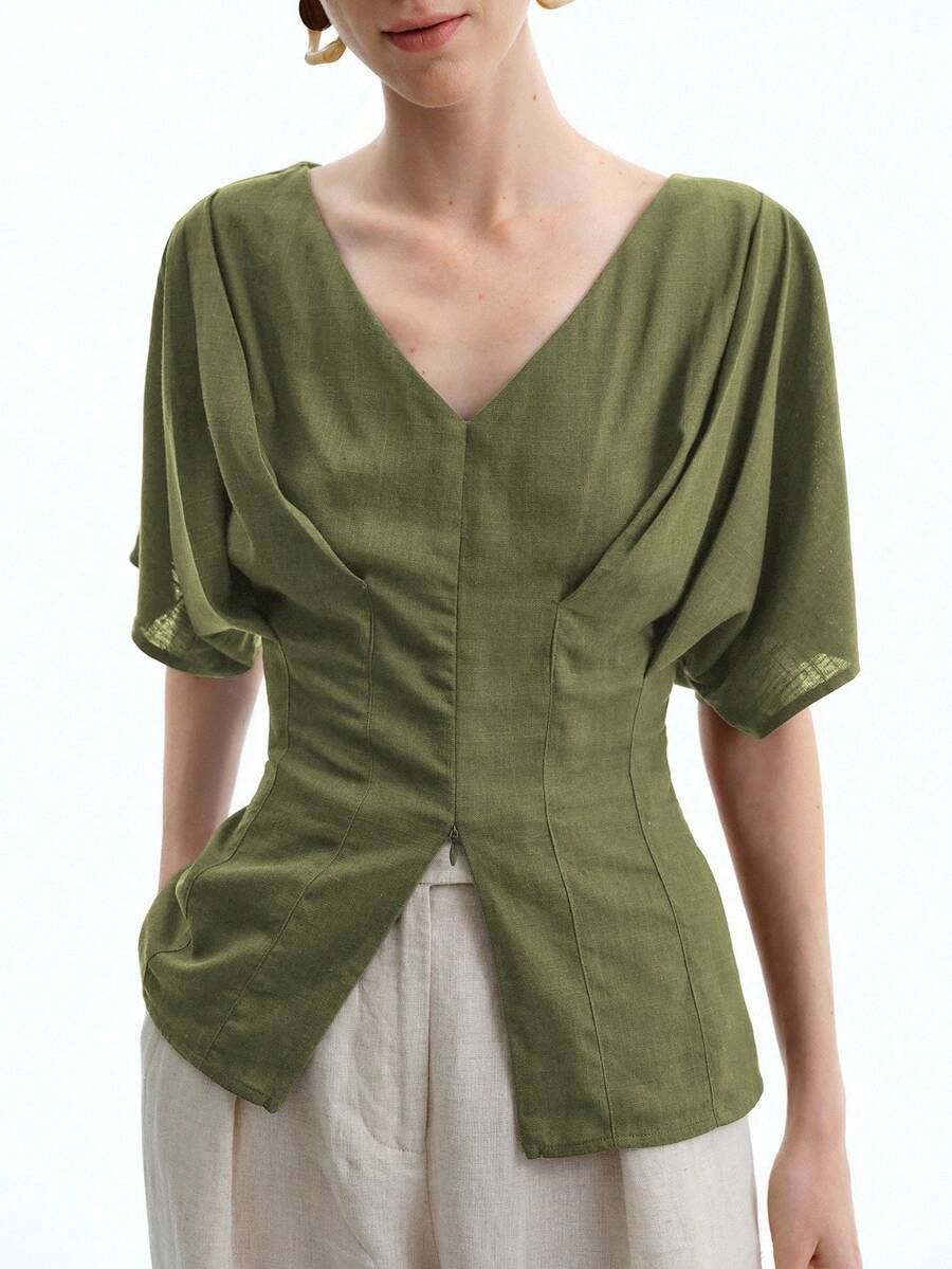 Aalyst 女士法式优雅奢华简约高端休闲度假通勤舒适宽松纯色亚麻V领收肩袖前中开衩衬衫，春夏秋 - 軍綠色 - 查看 1