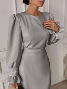 EURMUSE Frenchy Frill Sleeve Maxi Dress With Lining - Grey - View 6