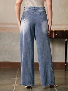 Anewsta 优雅刺绣女式蓝色牛仔裤