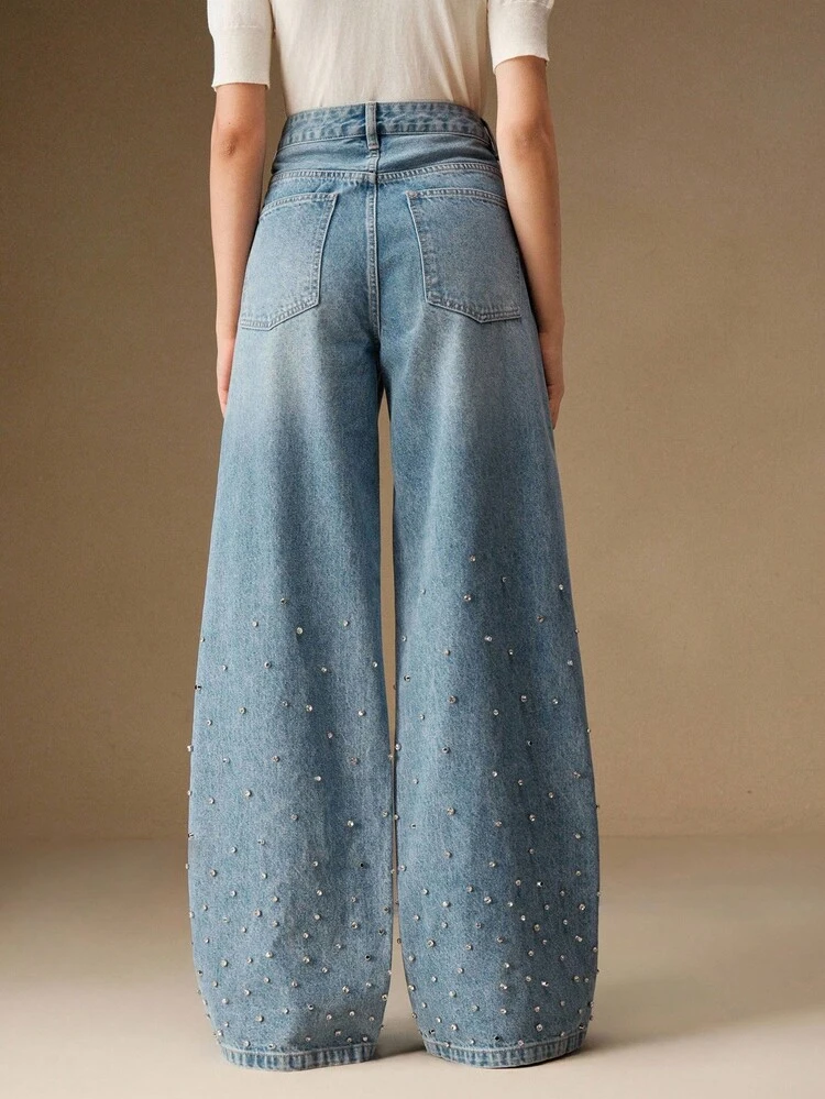 Fashionable Washed Rhinestone Embellished Wide Leg Jeans