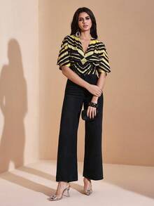 JIAN LASALA Striped Print V-Neck Batwing Sleeve Ruched Waist Women Top Autumn Casual Wear Fall For Women Going Out Party Top New Year Wedding Guest Luxury - Multicolor - View 6