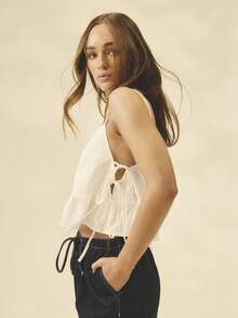 Aralina 女士秋冬夏波西米亚风休闲蕾丝荷叶边上衣，侧边系带，适合度假、教师节和乡村音乐会等场合 - 白色 - 查看 5