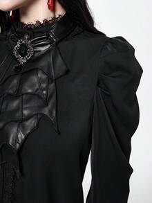 ROMWE EDITION Asymmetrical PU Bat Collar Loose Goth Blouse For Women, Suitable For Halloween - Black - View 6