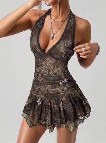 SHEIN ICON Sukienka mini z dekoltem halter vintage w kontrastowym kolorze, z nadrukiem paisley, z marszczeniami i asymetrycznym dołem - Wielokolorowe - Zobacz 4