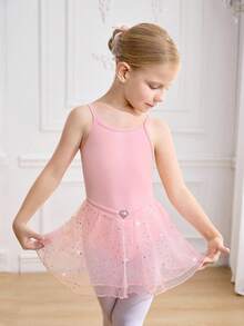 SHEIN Young Girls Pink Ballet Tutu Activewear, Young Girl Netted Sequin Puff Hem Leotards For Dance Competition 4-Way Stretch High Stretch Children Ballet Dance Cute Sequin Puff Skirt Children Sports Fall Winter - Baby Pink - View 5