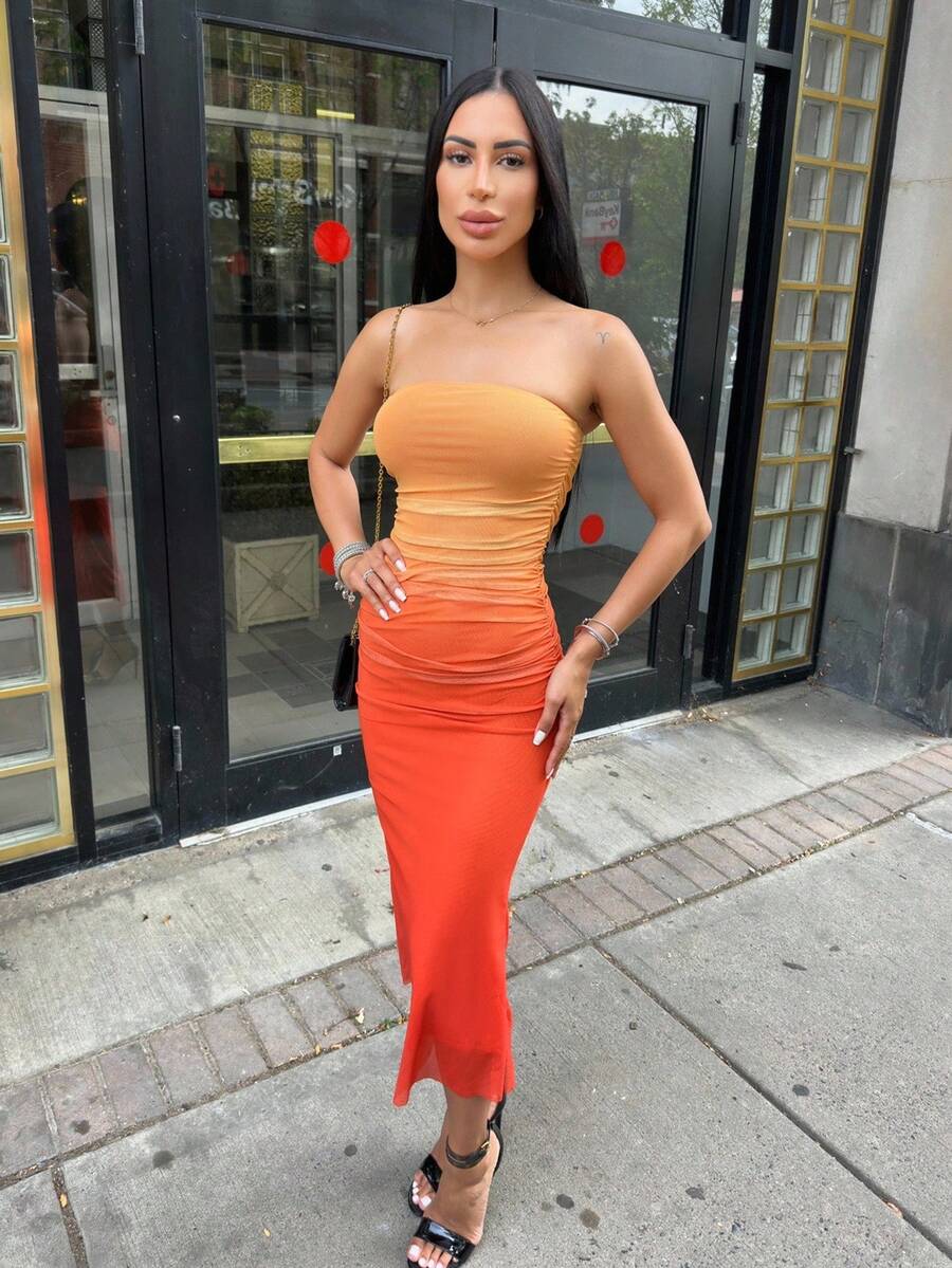 Carolina Barros Robe moulante bandeau orange avec impression de maille ombré, style américain - Multicolore - Voir 1