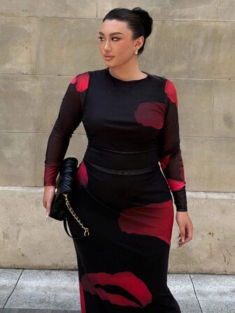 Firerie Plus Size Elegant Floral Print Ruched Long Sleeve Mesh Dress, Suitable For Date, Concert, Performance, Party, Wedding, Sexy, Graceful, Commute, Back To School, Vacation, Beach, Office Lady, Mermaid Style, Birthday Party Bodycon Plus Size Dress Curve Skirt Set 2 Piece Dress Set Black Mesh Dress Curve Elegant Dress