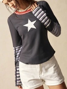 Bohemela 秋冬波西米亚风休闲针织拼布长袖圆领修身女式T恤 - 黑色 - 查看 5