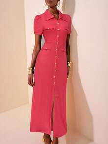 Zivah 2025 New Spring And Summer Casual Elegant Daily Dating Party Commuting POLO Collar Short Sleeves Puff Sleeves Decorative Metal Buckle Fishtail Skirt Open Hip Skirt Black Texture Knitted Fabric Long Skirt Ladies Long Dress