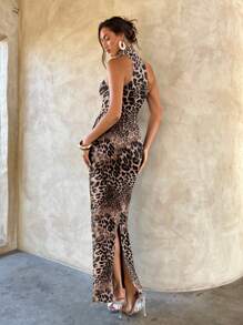 Aloruh 女士优雅性感豹纹金属扣装饰镂空紧身黑色针织弹力长裙，适合夏季、度假、晚会、派对、秋冬装、优雅约会装、夜间外出 - 彩色 - 查看 3