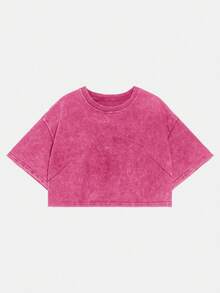 SHEIN EZwear Plus Size Pure Cotton Casual Washed Short Sleeve T-Shirt, Spring - Pink - View 1