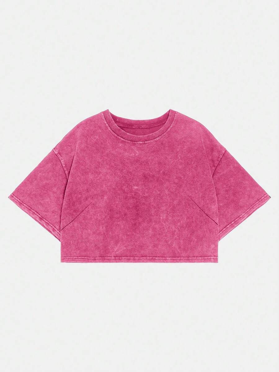 SHEIN EZwear Plus Size Pure Cotton Casual Washed Short Sleeve T-Shirt, Spring - Pink - View 1