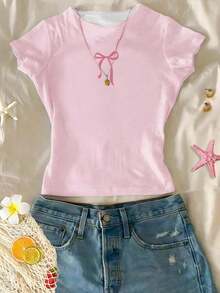 SHEIN 迷你蝴蝶结装饰休闲简约短袖圆领修身T恤，适合少女，清凉夏日
