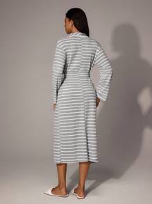 Lazeform Women's Striped Long Sleeve Casual Robe Sleepwear, Cozy Outfit, Fall & Winter - Light Grey - View 2